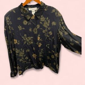 Vintage 80’s-90’s black gold floral flowy luxury blouse Jones New York NWT